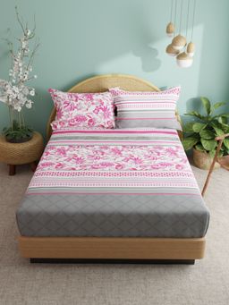 BIANCA - Super Soft Cotton Xl King Size Bedsheet -3Pc Set Floral-Pink, Grey (King)