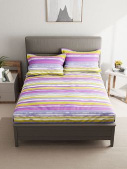 BIANCA - Pure Cotton Double Bedsheet With 2 Pillow Covers -3Pc Set Stripe-Lavender (Queen)