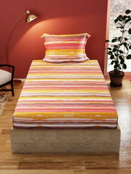 BIANCA - Pure Cotton Single Bedsheet With 1 Pillow Cover -2Pc Set Stripe-Orange (Single)