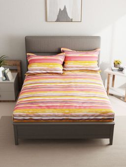 BIANCA - Pure Cotton Double Bedsheet With 2 Pillow Covers -3Pc Set Stripe-Orange (Queen)