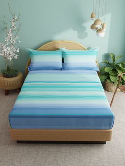 BIANCA - Super Soft Cotton Xl King Size Bedsheet -3Pc Set Stripe-Blue,Turquoise (King)