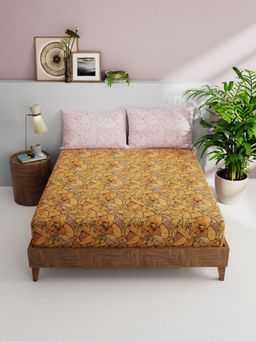 BIANCA - Natural Cotton Double Bedsheet -3Pc Set Floral-Orange (Queen)