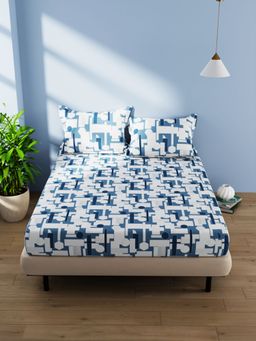 BIANCA - Cotton Double Bedsheet With 2 Pillow Covers -3Pc Set Geometrical-Blue (Queen)
