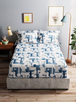 BIANCA - Pure Cotton Double Bedsheet With 2 Pillow Covers -3Pc Set Geometrical-Blue (Queen)