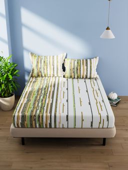 BIANCA - Cotton Double Bedsheet With 2 Pillow Covers -3Pc Set Stripe-Green (Queen)
