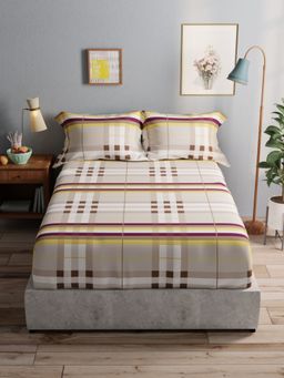 BIANCA - Pure Cotton Double Bedsheet With 2 Pillow Covers -3Pc Set Checks-Grey, Plum (Queen)