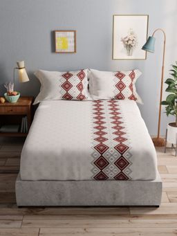 BIANCA - Pure Cotton Double Bedsheet With 2 Pillow Covers -3Pc Set Ornamental-Beige, Brown (Queen)