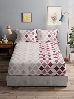 BIANCA - Pure Cotton Double Bedsheet With 2 Pillow Covers-3Pc Set Ornamental-Ivory, Purple (Queen)