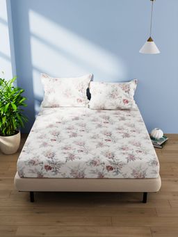 BIANCA - Cotton Double Bedsheet With 2 Pillow Covers -3Pc Set Floral-Ivory, Red (Queen)