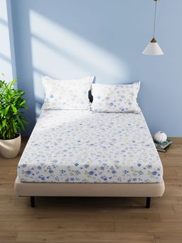 BIANCA - Cotton Double Bedsheet With 2 Pillow Covers -3Pc Set Floral-Ivory, Blue (Queen)