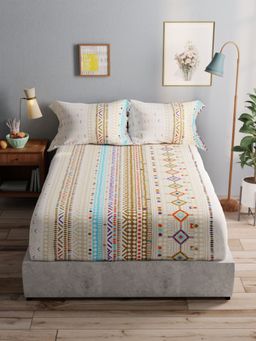 BIANCA - Pure Cotton Double Bedsheet With 2 Pillow Covers -3Pc Set Ornamental-Beige (Queen)