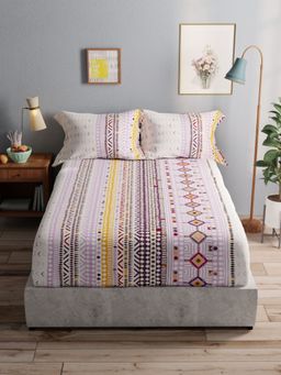 BIANCA - Pure Cotton Double Bedsheet With 2 Pillow Covers -3Pc Set Ornamental-Grape (Queen)