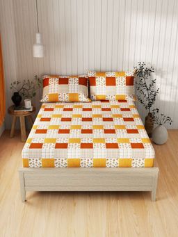 BIANCA - Extra Smooth Cotton Double Bedsheet -3Pc Set Checks-Mustard (Queen)