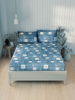 BIANCA - Extra Smooth Cotton Double Bedsheet -3Pc Set Checks-Blue (Queen)