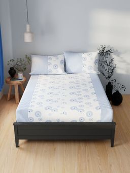 BIANCA - Extra Smooth Cotton Double Bedsheet -3Pc Set Ornamental-White, Blueice (Queen)