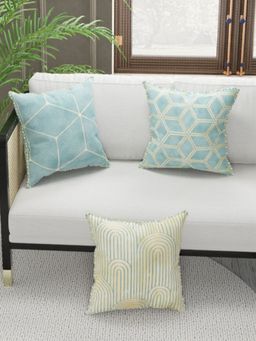 BIANCA - Designer Reversible Printed Silk Linen Cushion Covers -Geometric-Beige, Mint (16 x 16 inches)