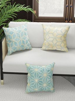 BIANCA - Designer Reversible Printed Silk Linen Cushion Covers -Geometric-Beige, Mint (16 x 16 inches)