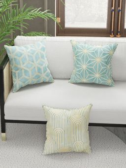 BIANCA - Designer Reversible Printed Silk Linen Cushion Covers -Geometric-Beige, Mint (16 x 16 inches)