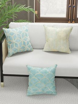 BIANCA - Designer Reversible Printed Silk Linen Cushion Covers -Geometric-Beige, Mint (16 x 16 inches)