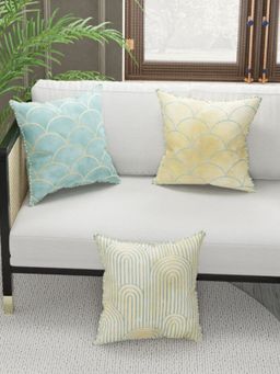 BIANCA - Designer Reversible Printed Silk Linen Cushion Covers -Geometric-Beige, Mint (16 x 16 inches)
