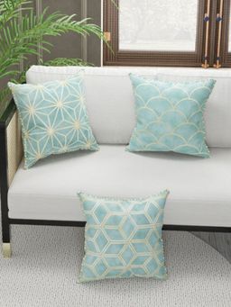 BIANCA - Designer Reversible Printed Silk Linen Cushion Covers -Geometric-Beige, Mint (16 x 16 inches)