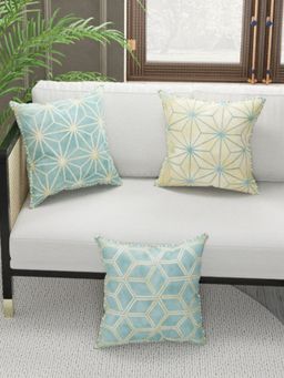 BIANCA - Designer Reversible Printed Silk Linen Cushion Covers -Geometric-Beige, Mint (16 x 16 inches)