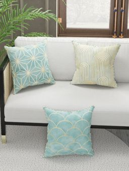 BIANCA - Designer Reversible Printed Silk Linen Cushion Covers -Geometric-Beige, Mint (16 x 16 inches)