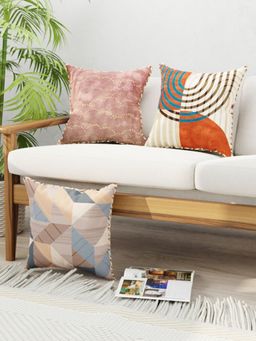 BIANCA - Designer Reversible Printed Silk Linen Cushion Covers -Floral-Abstract-Earthy, Beige (16 x 16 inches)