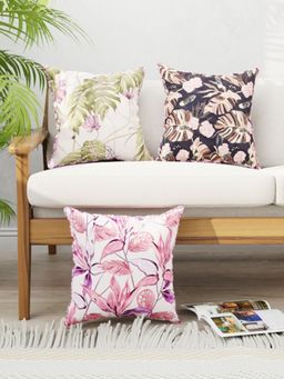 BIANCA - Designer Reversible Printed Silk Linen Cushion Covers -Floral-Checks-Wine, Plum (16 x 16 inches)