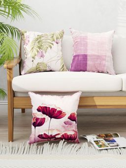 BIANCA - Designer Reversible Printed Silk Linen Cushion Covers -Floral-Checks-Wine, Plum (16 x 16 inches)