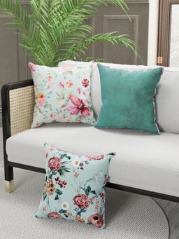 BIANCA - Designer Reversible Printed Silk Linen Cushion Covers -Floral-Solid-Mint, Teal (16 x 16 inches)