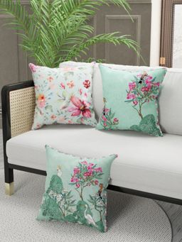 BIANCA - Designer Reversible Printed Silk Linen Cushion Covers -Floral-Solid-Mint, Teal (16 x 16 inches)