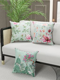 BIANCA - Designer Reversible Printed Silk Linen Cushion Covers -Floral-Mint, Teal (16 x 16 inches)