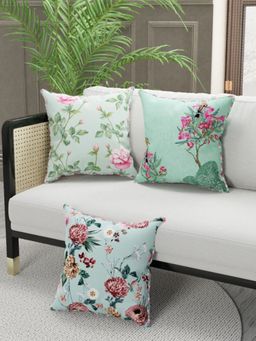 BIANCA - Designer Reversible Printed Silk Linen Cushion Covers -Floral-Mint, Teal (16 x 16 inches)