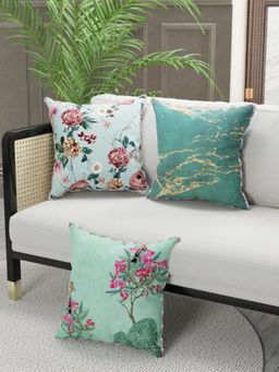 BIANCA - Designer Reversible Printed Silk Linen Cushion Covers -Floral-Abstract-Mint, Teal (16 x 16 inches)
