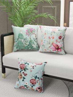 BIANCA - Designer Reversible Printed Silk Linen Cushion Covers -Floral-Ornamental-Mint, Teal (16 x 16 inches)