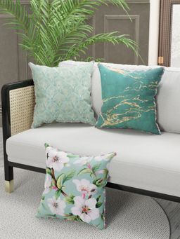 BIANCA - Designer Reversible Printed Silk Linen Cushion Covers -Floral-Ornamental-Mint, Teal (16 x 16 inches)