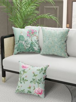 BIANCA - Designer Reversible Printed Silk Linen Cushion Covers -Floral-Ornamental-Mint, Teal (16 x 16 inches)