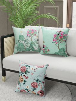 BIANCA - Designer Reversible Printed Silk Linen Cushion Covers -Floral-Ornamental-Mint, Teal (16 x 16 inches)