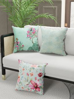 BIANCA - Designer Reversible Printed Silk Linen Cushion Covers -Floral-Ornamental-Mint, Teal (16 x 16 inches)