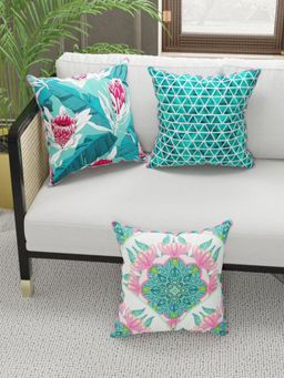 BIANCA - Designer Reversible Printed Silk Linen Cushion Covers -Floral-Geometric-Coral, Teal (16 x 16 inches)