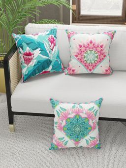 BIANCA - Designer Reversible Printed Silk Linen Cushion Covers -Floral-Geometric-Coral, Teal (16 x 16 inches)