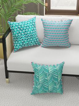 BIANCA - Designer Reversible Printed Silk Linen Cushion Covers -Floral-Geometric-Coral, Teal (16 x 16 inches)