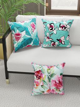 BIANCA - Designer Reversible Printed Silk Linen Cushion Covers -Floral-Geometric-Coral, Teal (16 x 16 inches)
