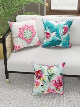 BIANCA - Designer Reversible Printed Silk Linen Cushion Covers -Floral-Dots-Coral, Teal (16 x 16 inches)