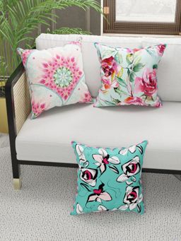 BIANCA - Designer Reversible Printed Silk Linen Cushion Covers -Floral-Dots-Coral, Teal (16 x 16 inches)