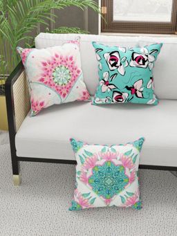 BIANCA - Designer Reversible Printed Silk Linen Cushion Covers -Floral-Dots-Coral, Teal (16 x 16 inches)