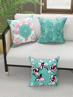 BIANCA - Designer Reversible Printed Silk Linen Cushion Covers -Floral-Coral, Teal (16 x 16 inches)