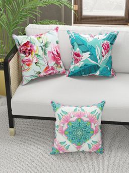 BIANCA - Designer Reversible Printed Silk Linen Cushion Covers -Floral-Coral, Teal (16 x 16 inches)