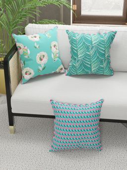 BIANCA - Designer Reversible Printed Silk Linen Cushion Covers -Floral-Coral, Teal (16 x 16 inches)